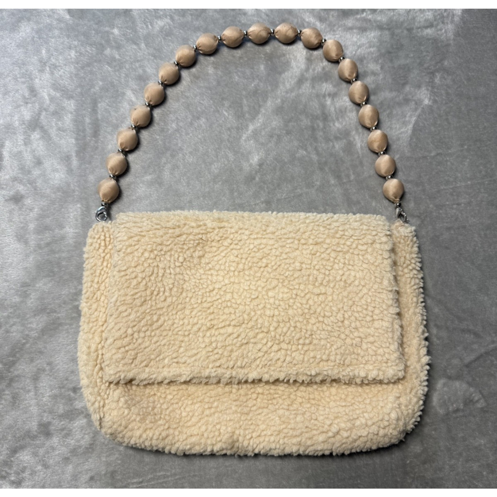 Samantha Pleet Sherpa Fleece Beaded Handle Shoulder Bag Cream Cozy Winter Clutch - Picture 5 of 10